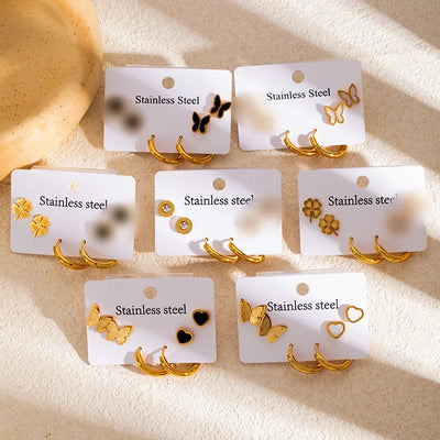 Luxurious Stainless Steel Titanium Alloy Frosted Butterfly Hoops Earrings Set For Women Fashionable Four Leaf Clover Heart Design