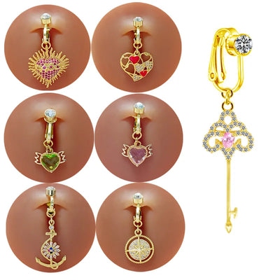 elegant luxurious classic style heart shape key stainless steel copper epoxy plating inlay zircon gold plated belly ring