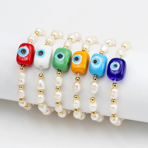 simple style devil's eye freshwater pearl glass beaded bracelets