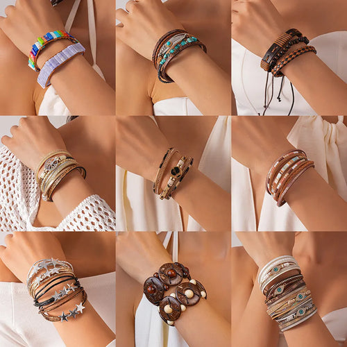 Exaggerated Multi-Layer Beaded Feather Leather Bracelet Women's Fashion Luxury Sensation Hand Chain Geometric Pattern Alloy