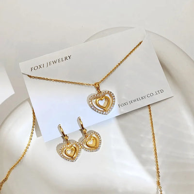 Double Layer Exquisite Heart Sweet Lobster Clasp Pendant Earrings Copper K Gold Plated Micro Inlaid Zircon Heart Jewelry Set