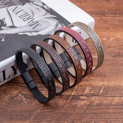 Men's Leather Bracelet With Print Oil Edge And Magnetic Buckle Asymmetrical Geometric Pattern Hand Chain Jewelry Accessory