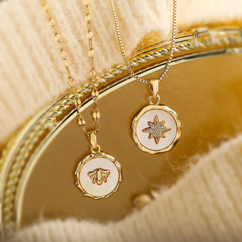 simple style commute star bee copper 18k gold plated shell zircon pendant necklace in bulk