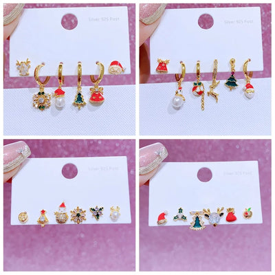 Christmas Series Copper Plated Real Gold Embedded Zirconia Six-Piece Earring Set Cute Cartoon Character Jewelry Accessories For Women