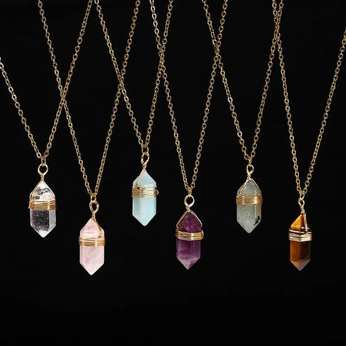 Handmade Natural Crystal Raw Stone Pendant Necklace Hexagonal Column Copper Wire Wound Fashion Jewelry For Women Casual Style