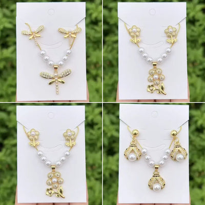 Wholesale Jewelry IG Style Casual Pastoral Ladybugs Flower Dragonfly Copper Acrylic Pearl Zircon 18K Gold Plated Long-Lasting Plated Polishing Inlay box chain Jewelry Set