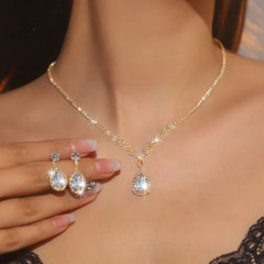Water Droplets Jewelry Set for Women Featuring Electroplated KC Golden Plated Copper with Rhinestones and Claw Setting