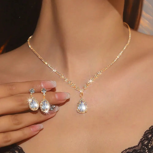 Water Droplets Jewelry Set for Women Featuring Electroplated KC Golden Plated Copper with Rhinestones and Claw Setting