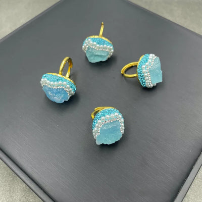 Natural Sea Blue Quartz Raw Stone Ring Middle-Aged Niche Pearl Embedded Personality Jewelry Live Broadcast Women's Ring