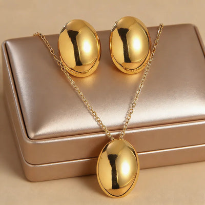 Trendy Minimalist Style Oval Three-Dimensional Geometric Jewelry Set Suitable for Women to Wear During Photoshoots 304 Stainless Steel Plated with 18K Real Gold
