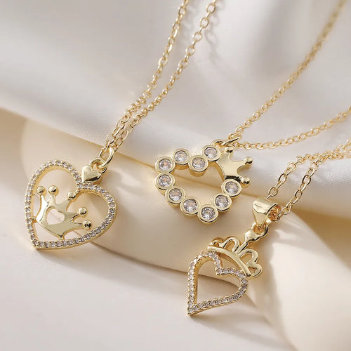 Vintage Minimalist Style Copper Plated 18K Gold Inlaid Zircon Crown Heart Pendant Necklace for Women with Unique Design and Versatile Accessories