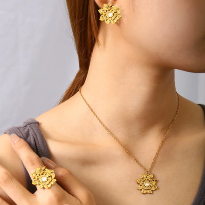 Wholesale Jewelry Simple Style Commute Flower 304 Stainless Steel 18K Gold Plated cable chain Jewelry Set