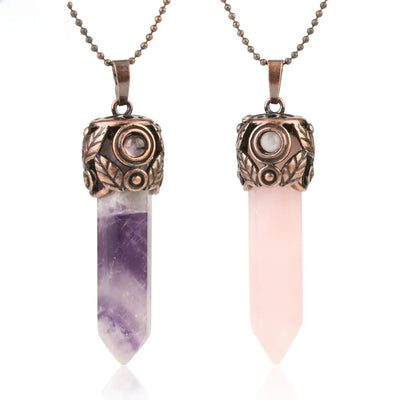 Natural Crystal Hexagonal Column Pendant Purple Crystal Necklace Women's Vintage Style Jewelry Accessory For Autumn And Winter