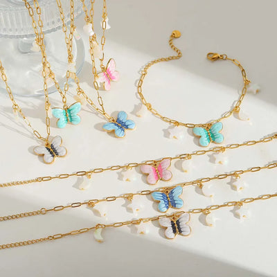 Wholesale Jewelry Casual Sweet Commute Star Butterfly 304 Stainless Steel Epoxy 18K Gold Plated Plating Inlay Paperclip Chain Bracelets Necklace