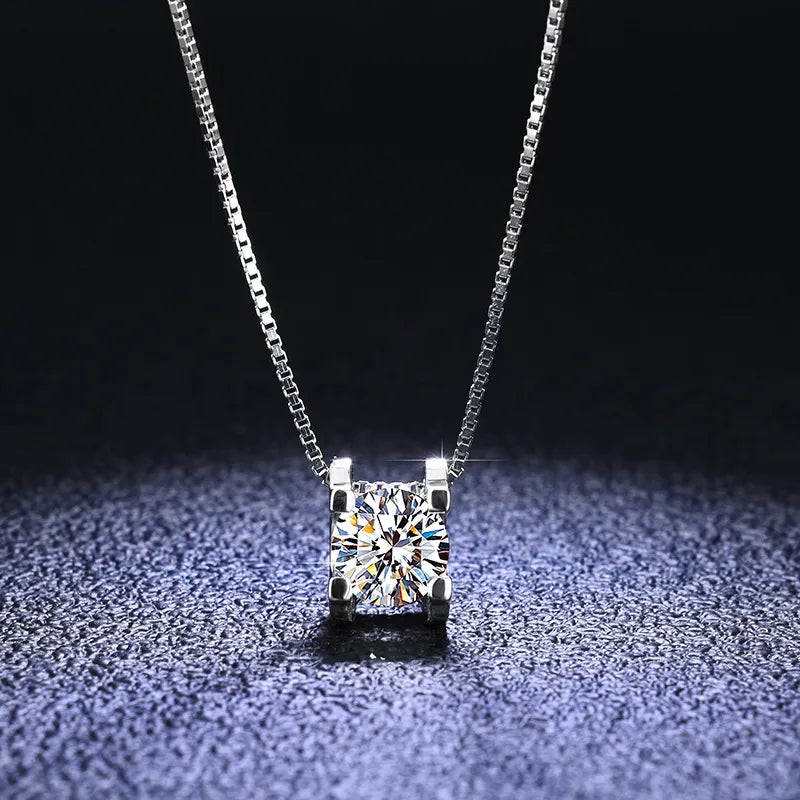 925 Sterling Silver Artificial Diamond Moissanite box chain Inlay Rhombus Pendant Necklace