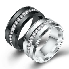 fashion single row rhinestone inlaid 8mm black white titanium steel couple rings