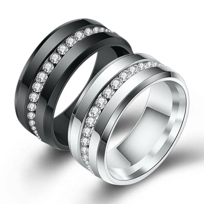 fashion single row rhinestone inlaid 8mm black white titanium steel couple rings