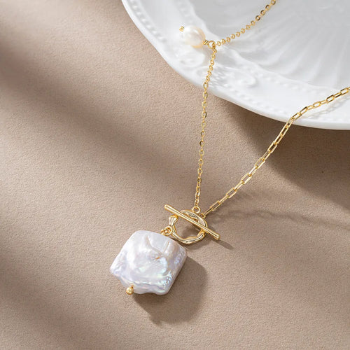 elegant square freshwater pearl sterling silver toggle plating 14k gold plated pendant necklace