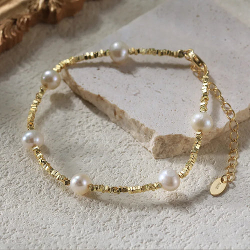 Freshwater Pearl Sterling Silver cable chain White Gold Plated Rhodium Plated Plating Geometric Freshwater Pearl Chain Bracelets