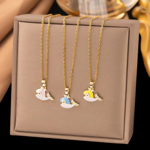 Whale Inlay Pendant Necklace for Women with 18K Gold Plated Copper and Rhinestones on Cable Chain