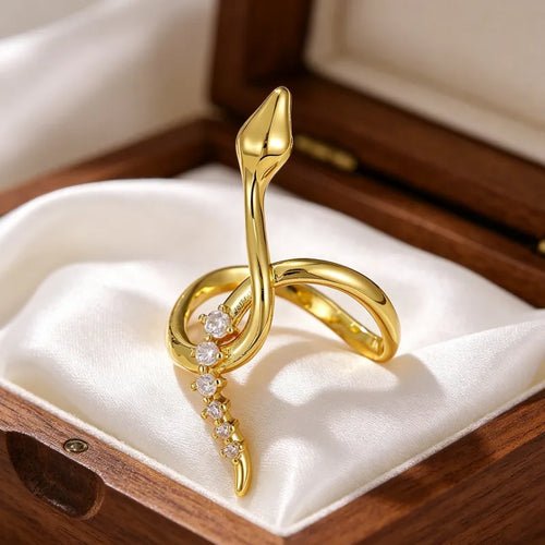 Unisex Snake Ring in Copper with 18K Real Gold Plated PVD Coating, Waterproof Non Tarnish Design Featuring Zircon Inlay