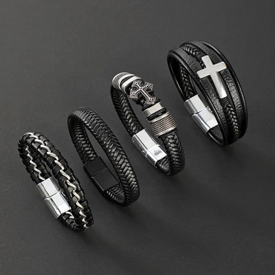 Vintage Style Classic Style Cross Pu Leather Titanium Steel Woven Chain Wrap Bracelets Wholesale