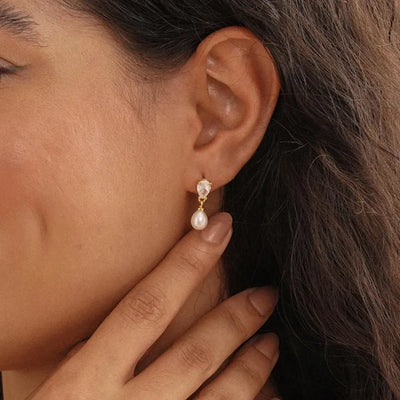 French Vintage Micro-Paved Zircon Pearl Pendant Earrings Women's Versatile Simple Design Diamond Embedded Ear Jewelry