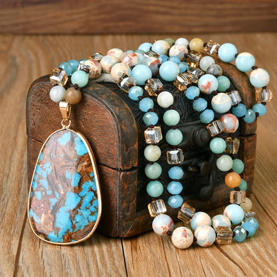 Vintage Natural Stone Long Necklace Sea Grain Stone Pendant Bohemian Crystal Agate Amazonite Sweater Chain Necklace Jewelry