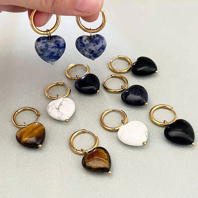 Heart Shape Earrings For Women Featuring Natural Stone Inlay with 18K Real Gold Electroplated Finish