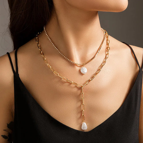 Retro  Fashion Multi-Layered Y-Shaped Tassel Pendant Necklace Women's Fake Pearl Drop Earring Necklace
