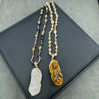 Autumn Winter  Seaweed Mica Xi Wang Pendant Natural Stone Sweater Chain Unique Personality Mid-century Color Changing Necklace