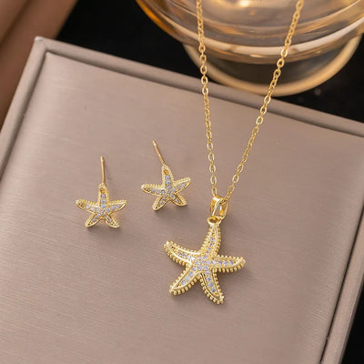 Starfish Jewelry Set for Women with Inlay Artificial Rhinestones, 18K Real Gold Plated Copper, Water Plating, Featuring Cable Chain