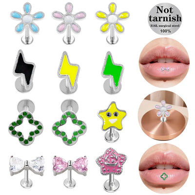 Three-dimensional Flowers Titanium Steel Lip Ring with Platinum Plating and Zircon Inlay, 1 PCS Package, Unisex