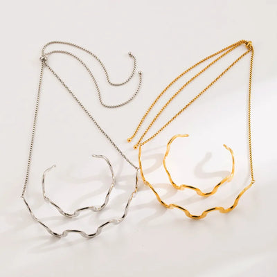 Stainless Steel Wave Form Double Wear Necklace Open Hand Bracelet For Women  Exaggerated Design Jewelry