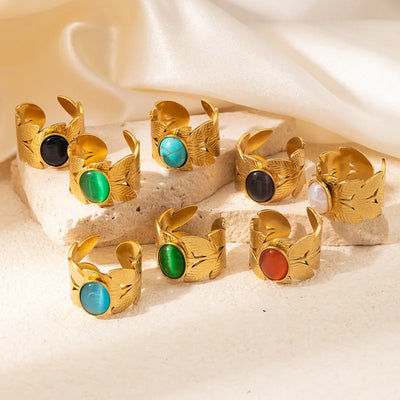 Retro Wide Face Titanium Steel Ring Set With Natural Stone Plated 18K Gold Versatile Open Finger Ring For Men And Women