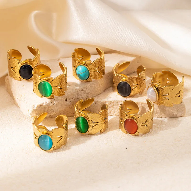 Retro Wide Face Titanium Steel Ring Set With Natural Stone Plated 18K Gold Versatile Open Finger Ring For Men And Women
