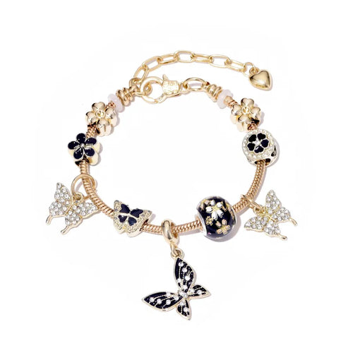 Unisex Beaded Flowers Bracelet in Dyed Black Alloy with Rhinestone Inlay
