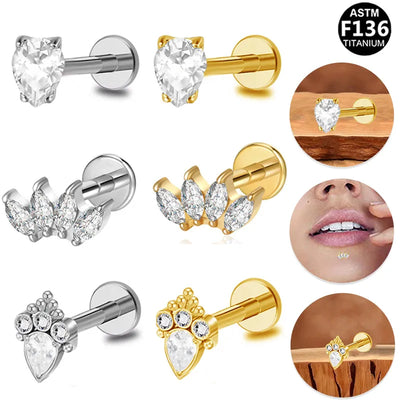 1 Piece Lip Rings Simple Style Water Droplets Crown Titanium Alloy Plating Inlay Zircon 14K Gold Plated White Gold Plated Lip Rings Ear Cartilage Rings & Studs