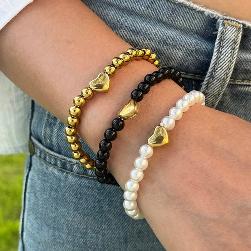 Simple Commuter Daily 18K Gold Plated Stainless Steel Acrylic Heart Bead Elastic Rope Bracelet Elegant Casual Women's Style