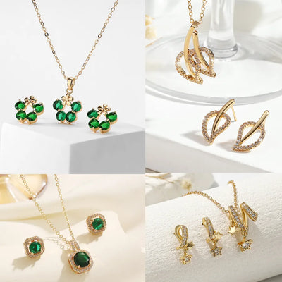 Leaves Jewelry Set for Women with Claw Setting, Golden Plated Copper, Zircon Inlay, and Cable Chain Featuring Water Plating