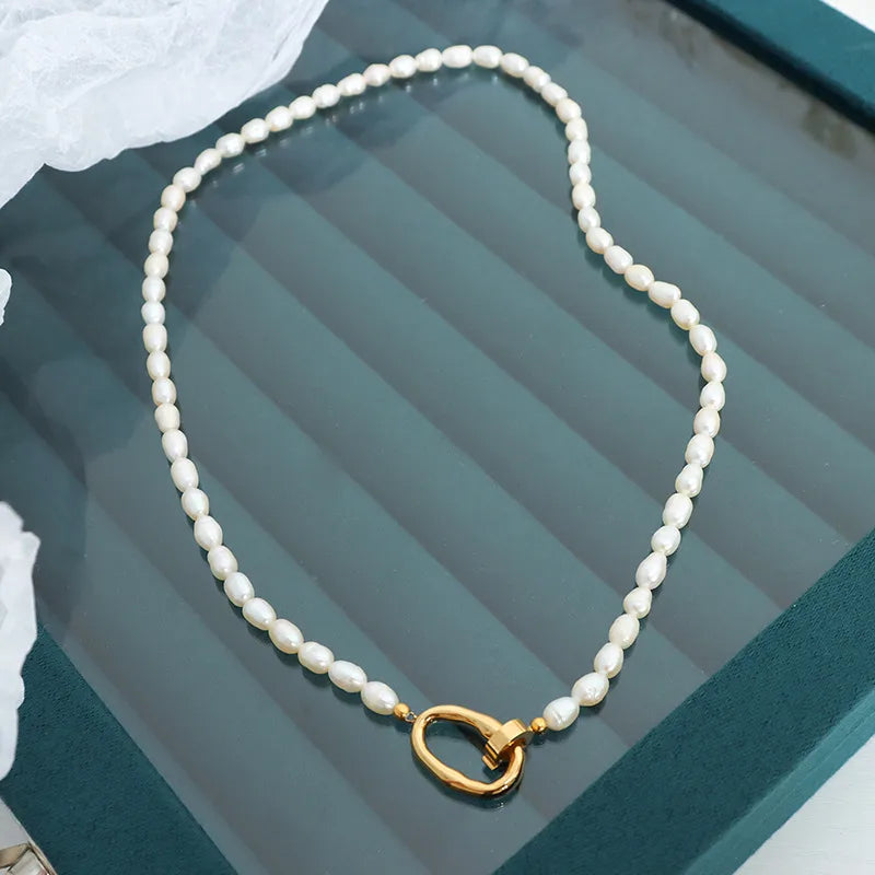 Freshwater Pearl Titanium Steel Beaded Solid Color Necklace