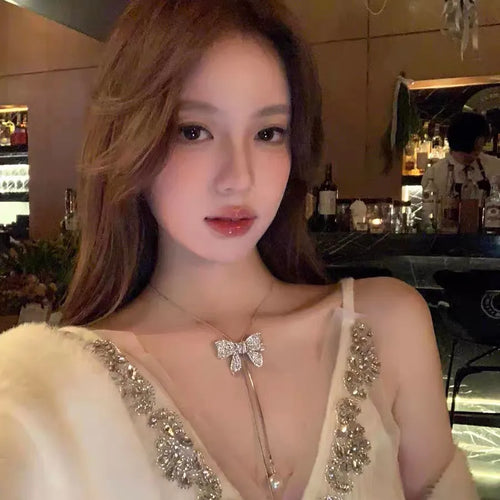 Waterproof Non Tarnish Bow Tie Necklace for Women featuring Alloy Chain with Zircon Inlay