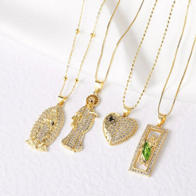 Gold Plated Zircon Heart Shaped Madonna Pendant Necklace Unisex Everyday Modern Minimalist Style Lobster Clasp Box Chain Jewelry