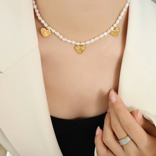 elegant heart shape freshwater pearl titanium steel beaded necklace