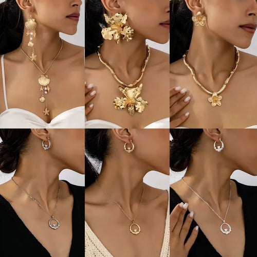Women’s Heart Shape Necklace in Electroplated Alloy with Shell Inlay, 1 Set Jewelry Set