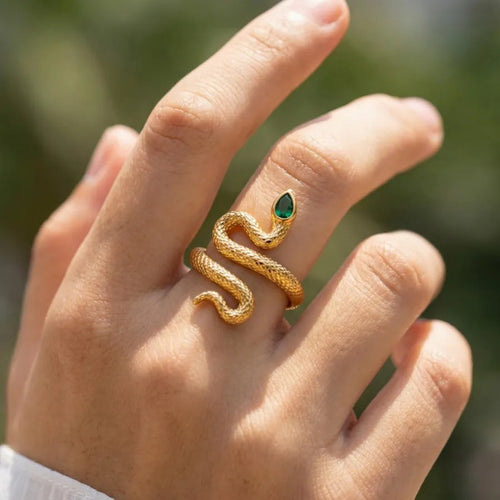 Three-dimensional Snake Ring for Women in Copper with 18K Real Gold Plating and Zircon Inlay, Featuring Water Plating Process