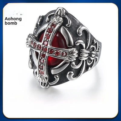 Men's Titanium Steel Ring with Red Sapphire Inlay, Vintage Stainless Steel Cross Design, Geometric Black, Suitable for Streetwear