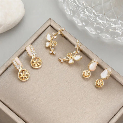 Tulips Stud Earrings for Women with 14k Gold Filled and 925 Sterling Silver Posts, 14K Gold Electroplated, Mother-of-Pearl Inlay