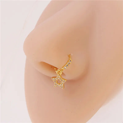 Bohemian Style Hollow Star Micro Paved Zircon Pendant Nose Ring Unisex Fashion Trendy Nose Stud Earring Copper Material