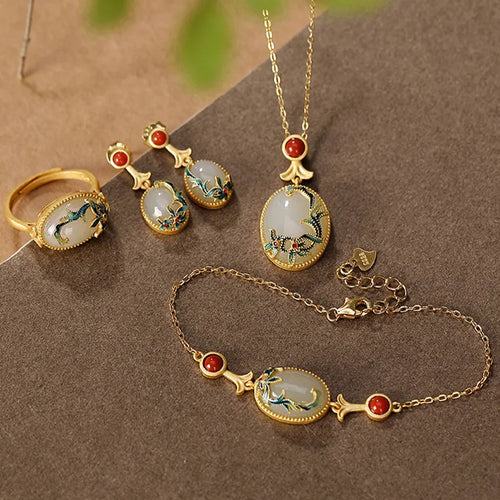 S925 Sterling Silver Chinese Style Vine Motif Women's Ring Earrings Bracelet Pendant Enamel Jewelry Set Elegant Simple Design